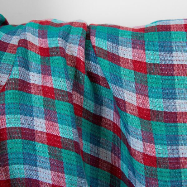 Tessuto di lino a quadretti double face rosso verde blu, lavato - immagine 4