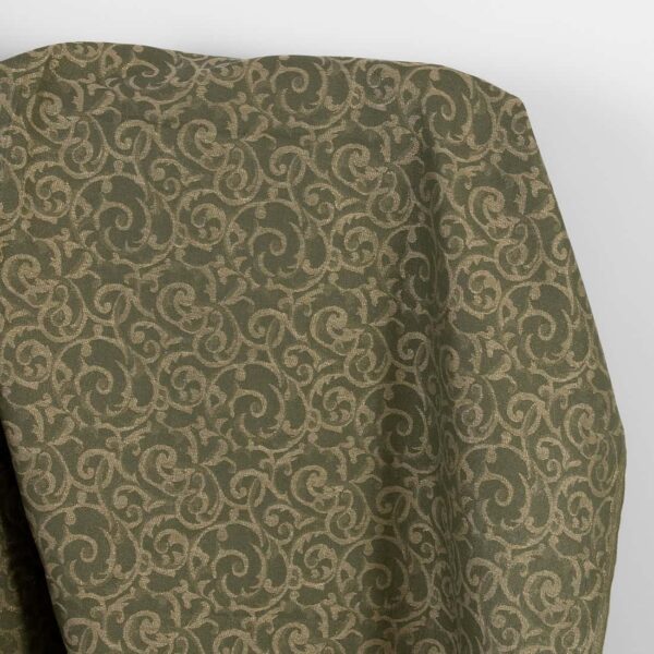 Tessuto di lino e cotone verde e naturale jacquard oro lurex