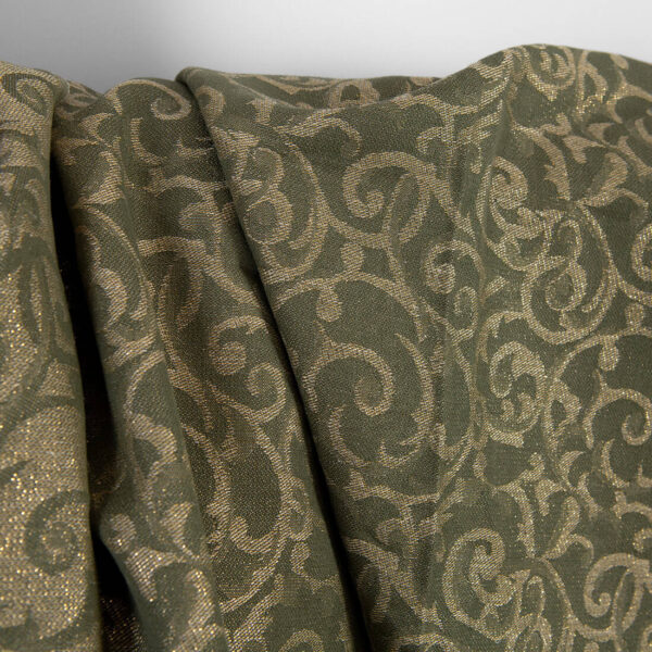 Tessuto di lino e cotone verde e naturale jacquard oro lurex - immagine 3
