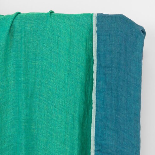 Tessuto di lino double face blu e verde freddo, lavato