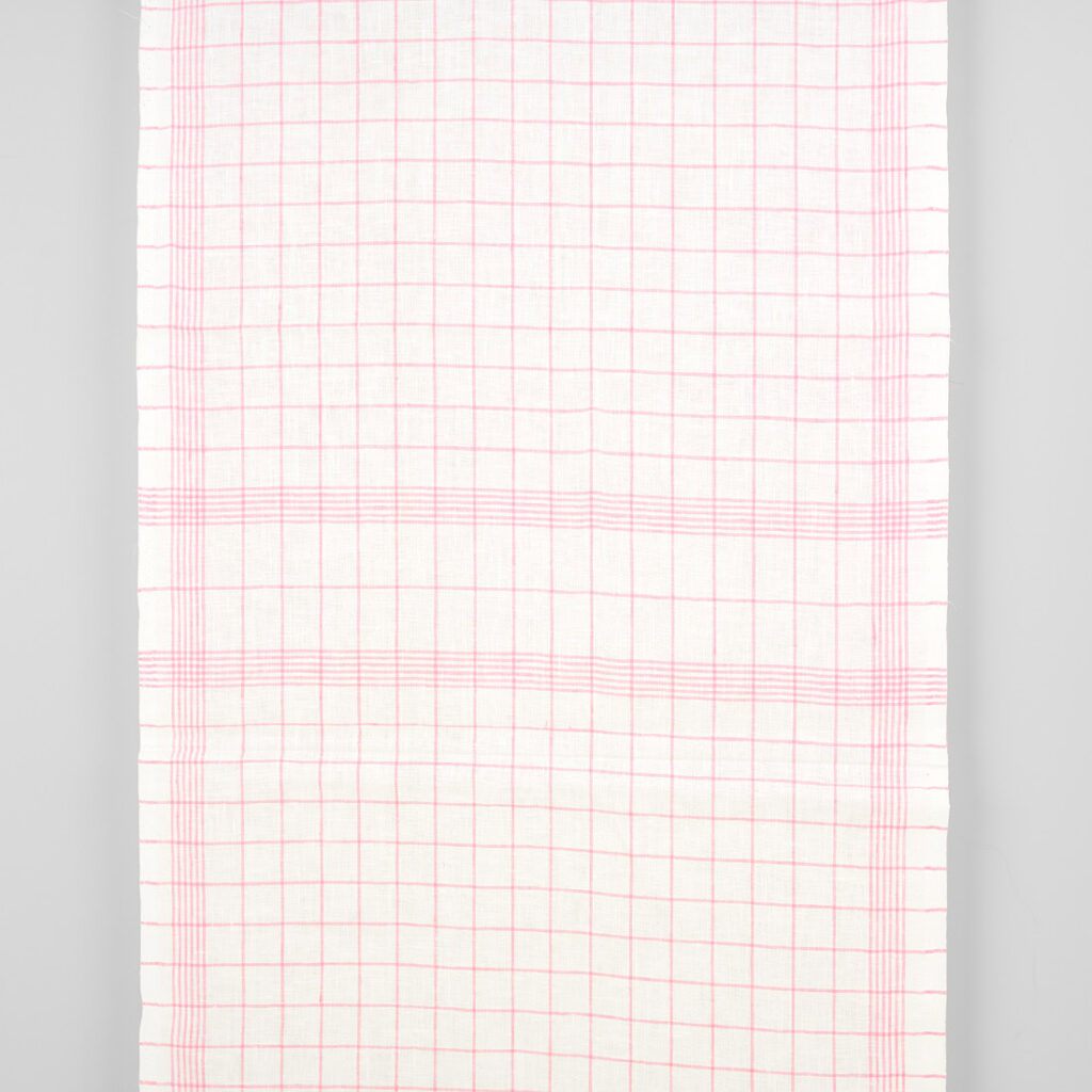 Narrow linen fabric off-white with bright pink checks
