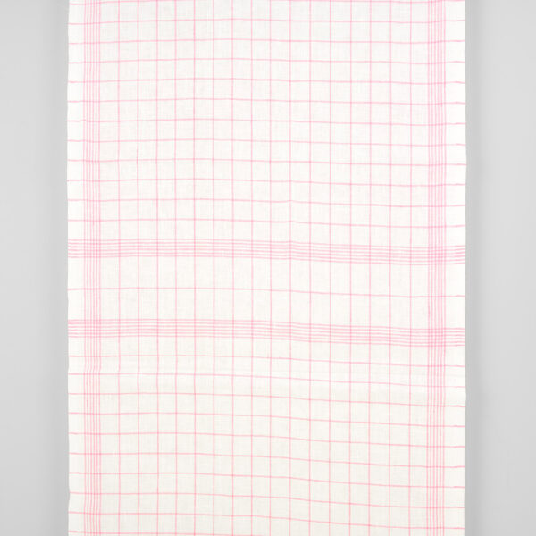 Narrow linen fabric off-white with bright pink checks