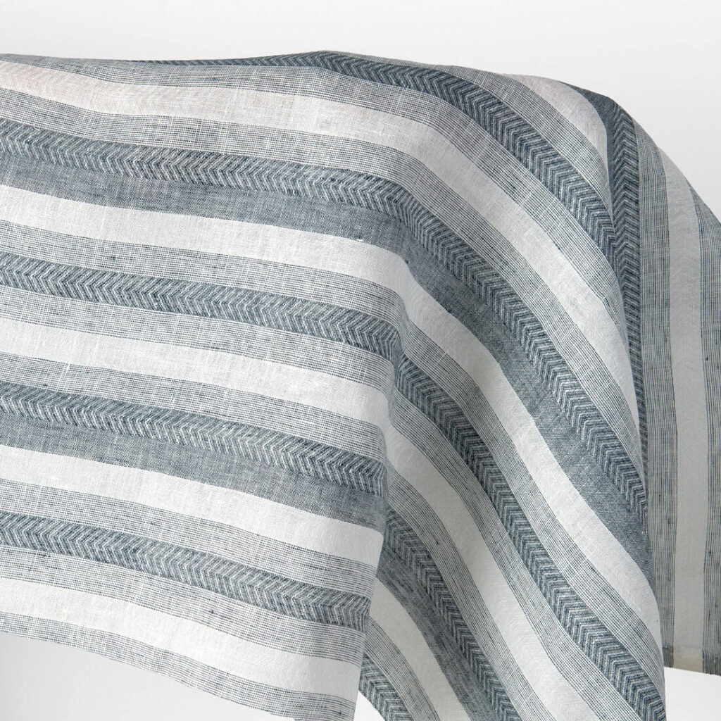 Linen fabric off-white and blue herringbone stripes