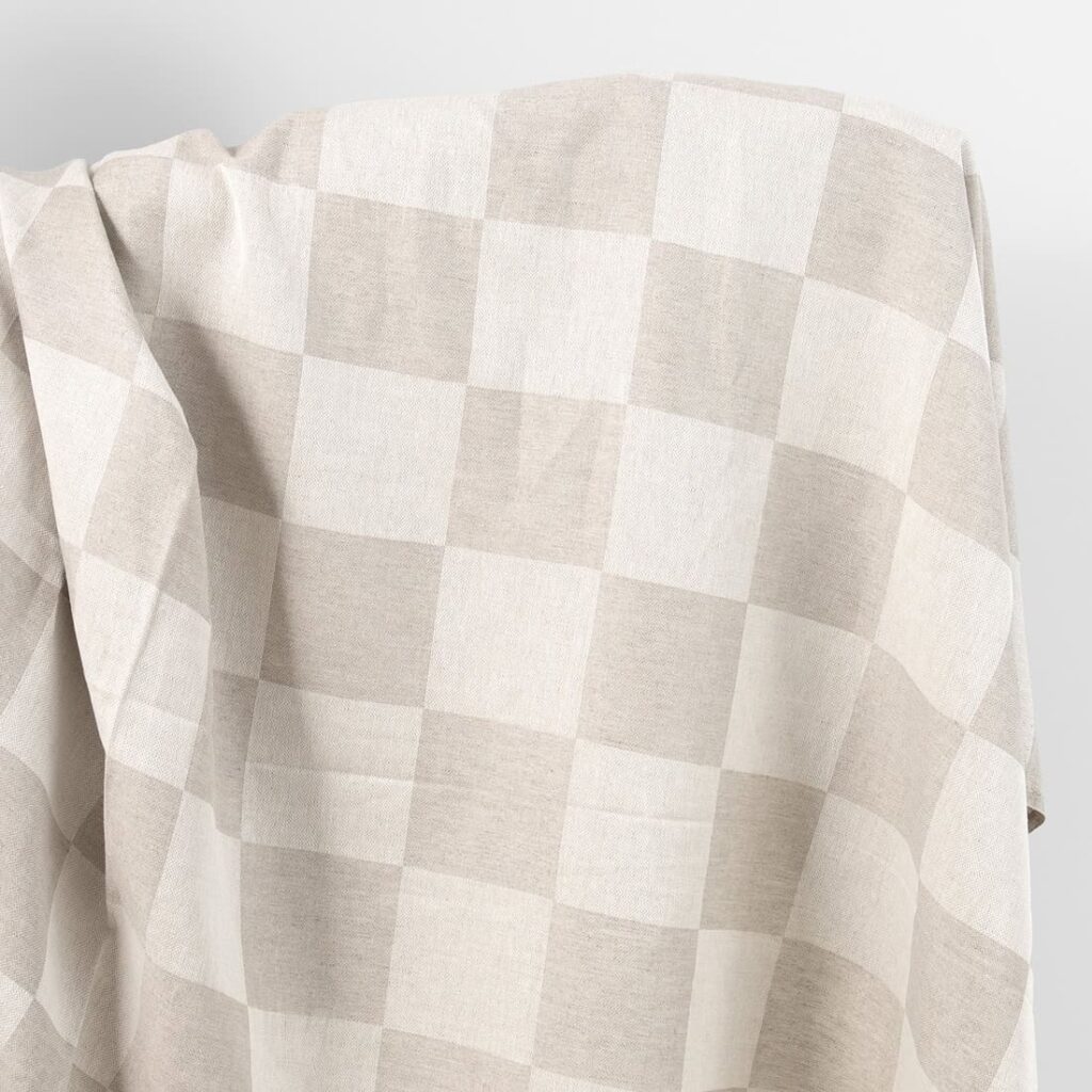Linen cotton fabric natural and white satin checks