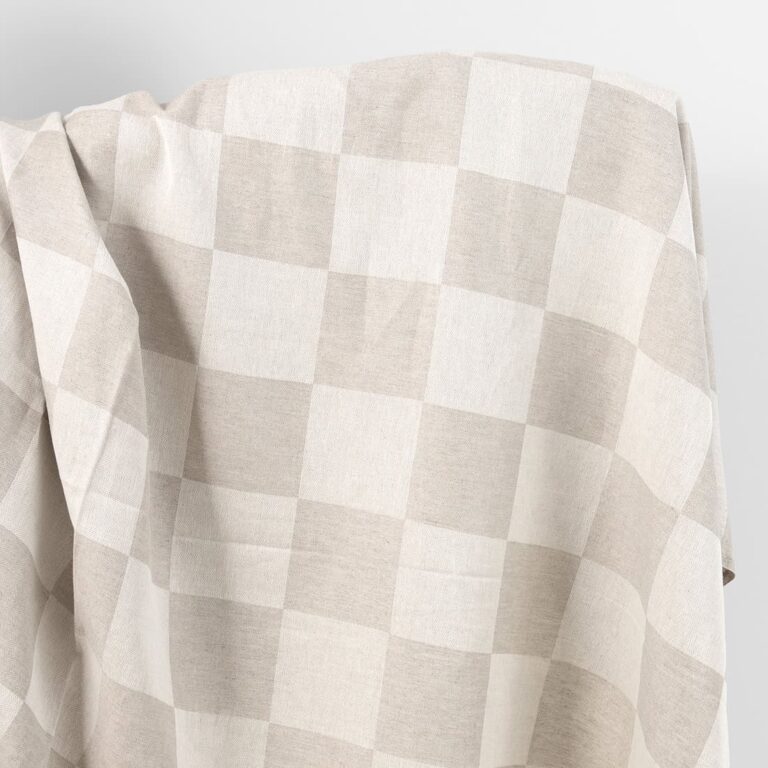 Linen cotton fabric natural and white satin checks