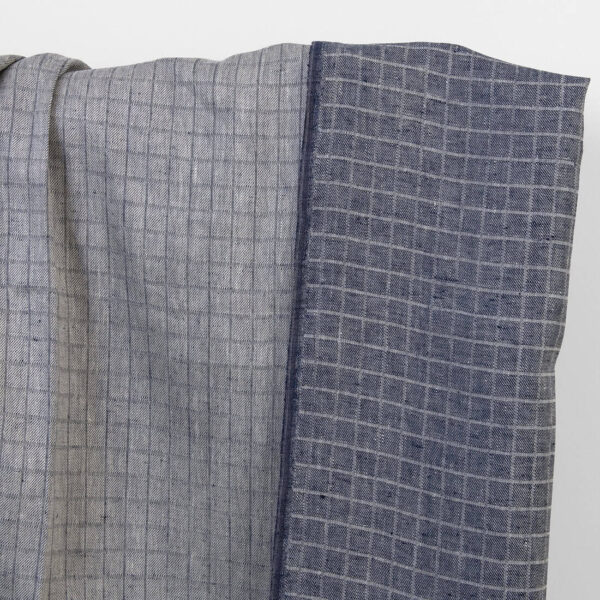 Linen fabric grey blue twill checks