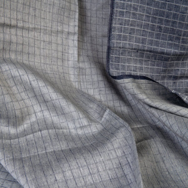Linen fabric grey blue twill checks