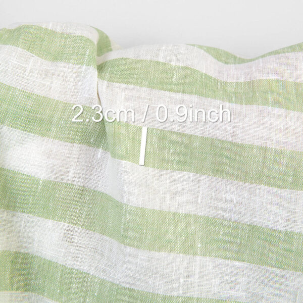 Linen fabric in green and white stripes, with measurements