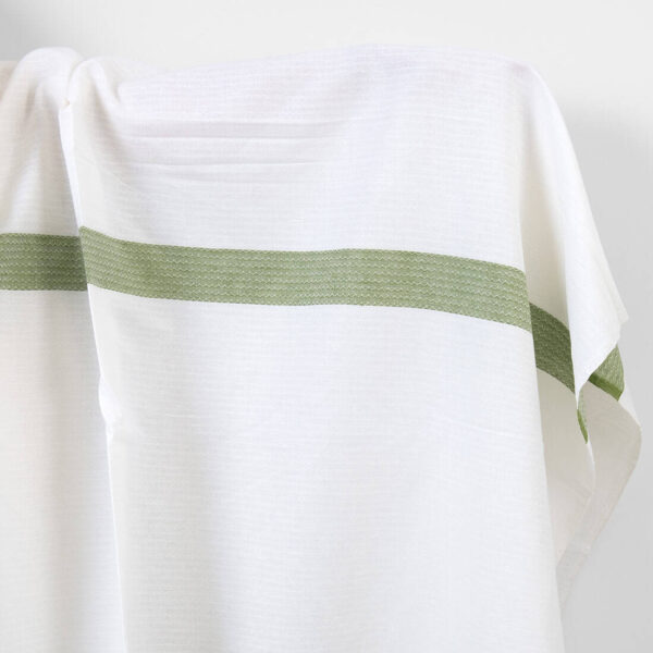 Linen cotton fabric white with green stripe herringbone