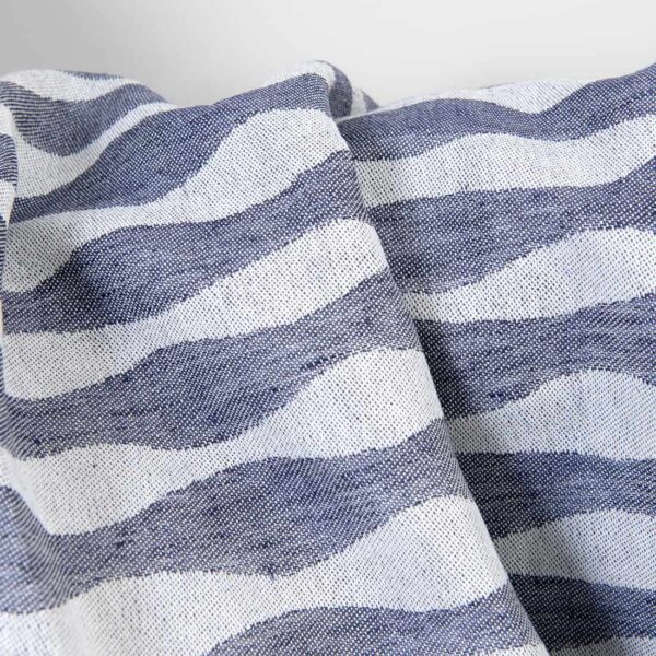 Linen cotton fabric blue wavy stripe jacquard, unwashed