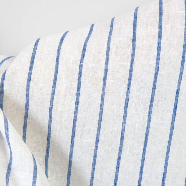 Linen fabric white with blue stripes, plain weave