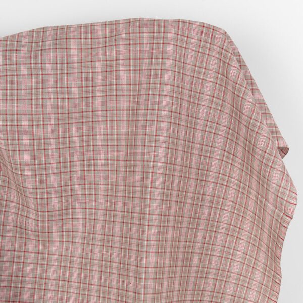 Tessuto in lino cotone beige scuro a quadretti rossi e bianchi