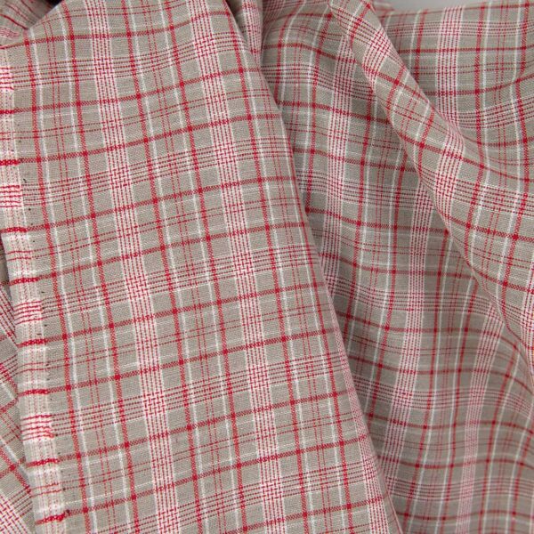 Tessuto in lino cotone beige scuro a quadretti rossi e bianchi - immagine 3