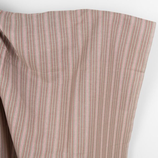 Tessuto lino cotone beige scuro con strisce rosse bianche