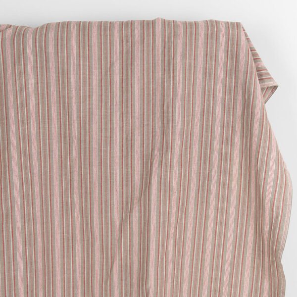 Tessuto in lino e cotone beige scuro a righe bianche e rosse, lavato