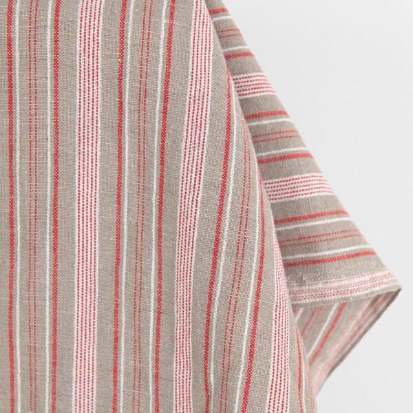 Tessuto in lino e cotone beige scuro a righe bianche e rosse, lavato - immagine 2