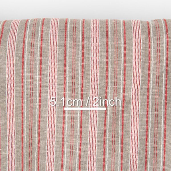 Tessuto in lino e cotone beige scuro a righe bianche e rosse, lavato - immagine 4